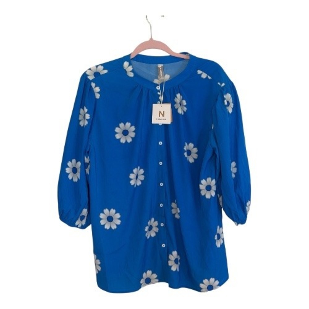 Noracora Blue Floral Blouse Women XL Blue Daisy Print Button Up NEW Lightweight